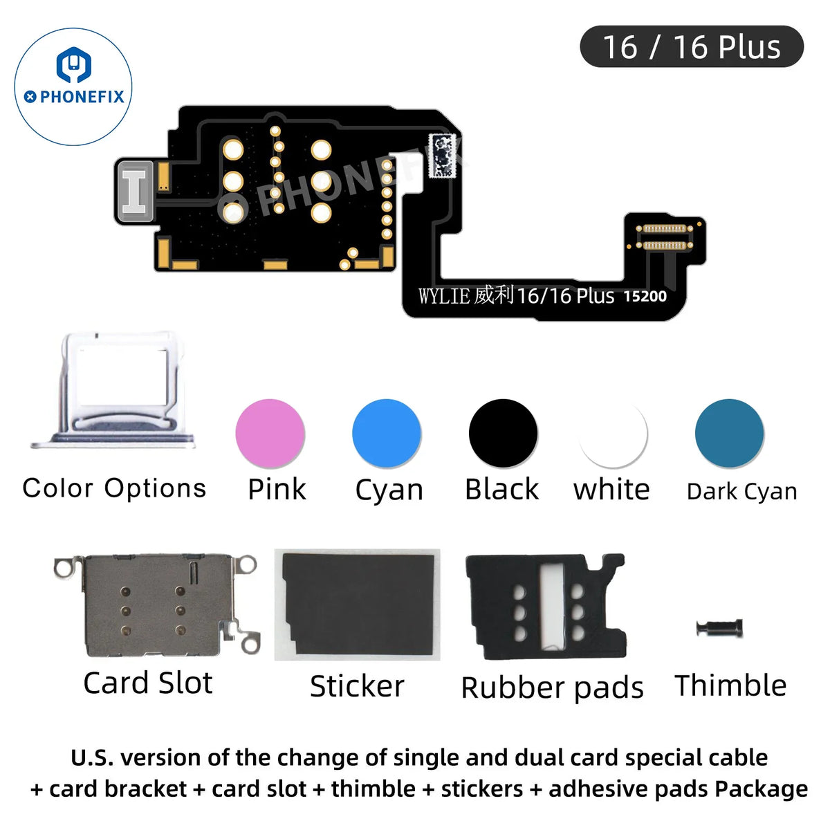 Cable adaptador WYLIE US para iPhone 16/16 Plus con tarjeta SIM simple o doble, compatible con accesorios PHONEFIX; se muestra con los cables conectados.