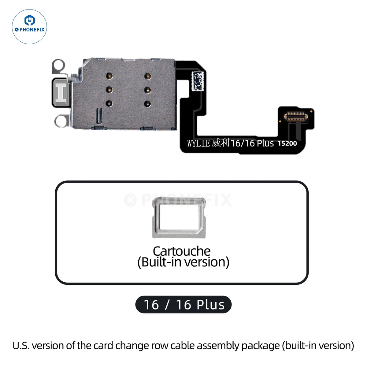Cable adaptador PHONEFIX WYLIE US para iPhone 16/16 Plus con eSIM a tarjeta SIM simple o doble, con conectores y cable integrados.