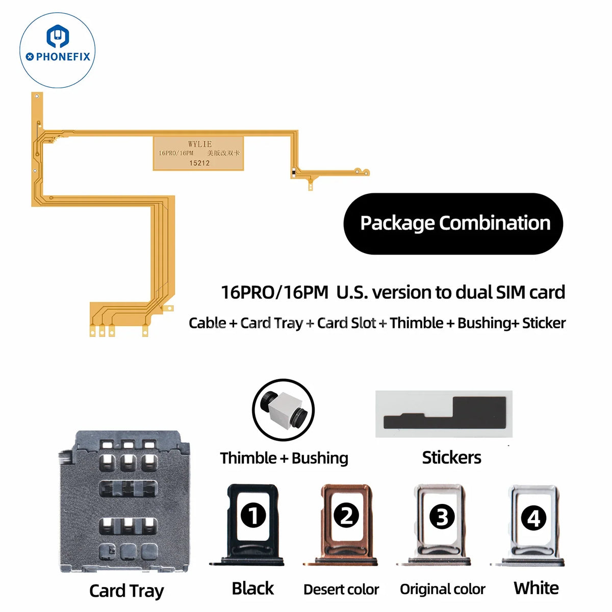 PHONEFIX WYLIE iPhone 16 Pro Max eSIM to Dual SIM kit with card tray, compatible iPhone accessories, easy installation.