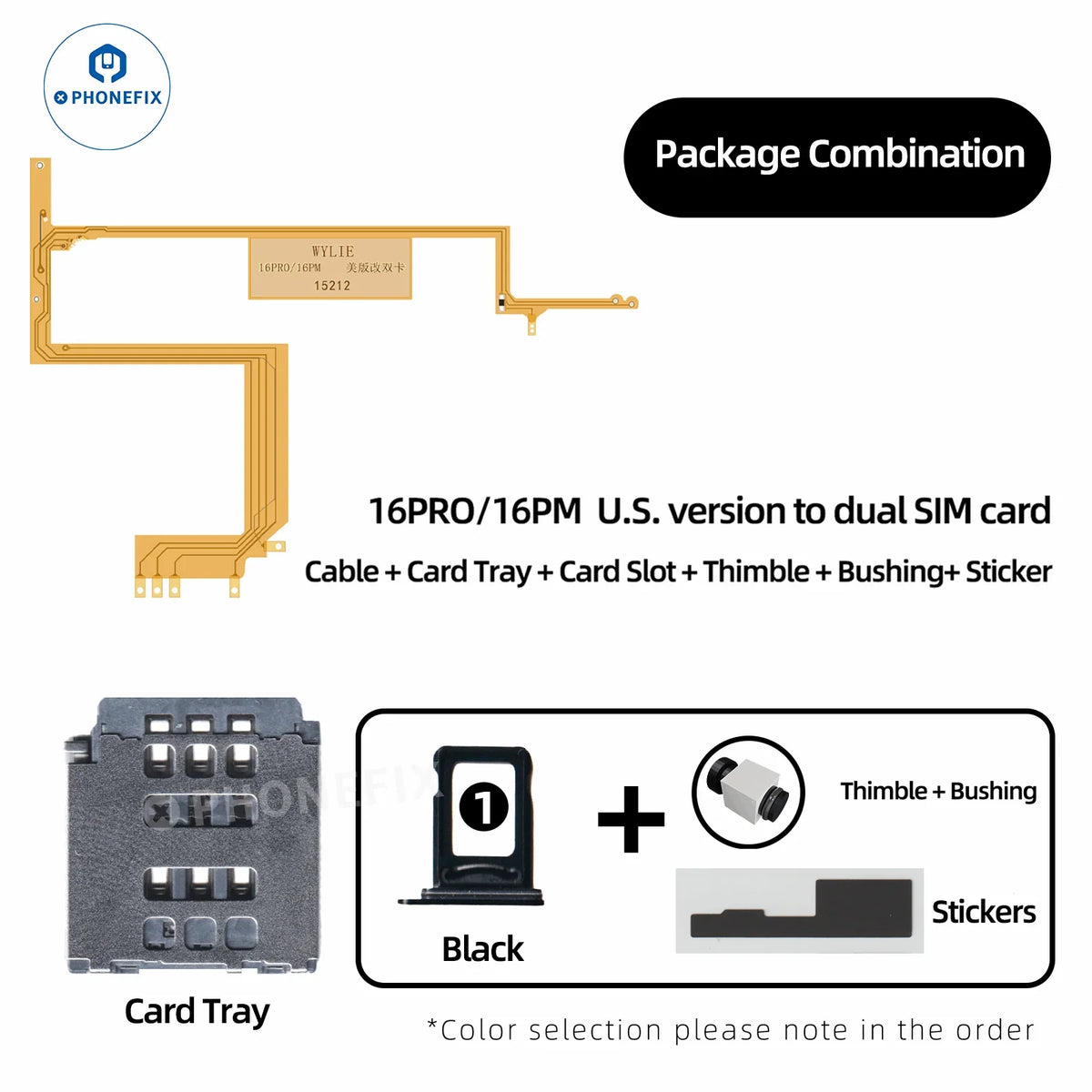 PHONEFIX WYLIE iPhone 16 Pro Max eSIM to Dual SIM card tray kit, compatible with iPhone accessories, shown in the image.