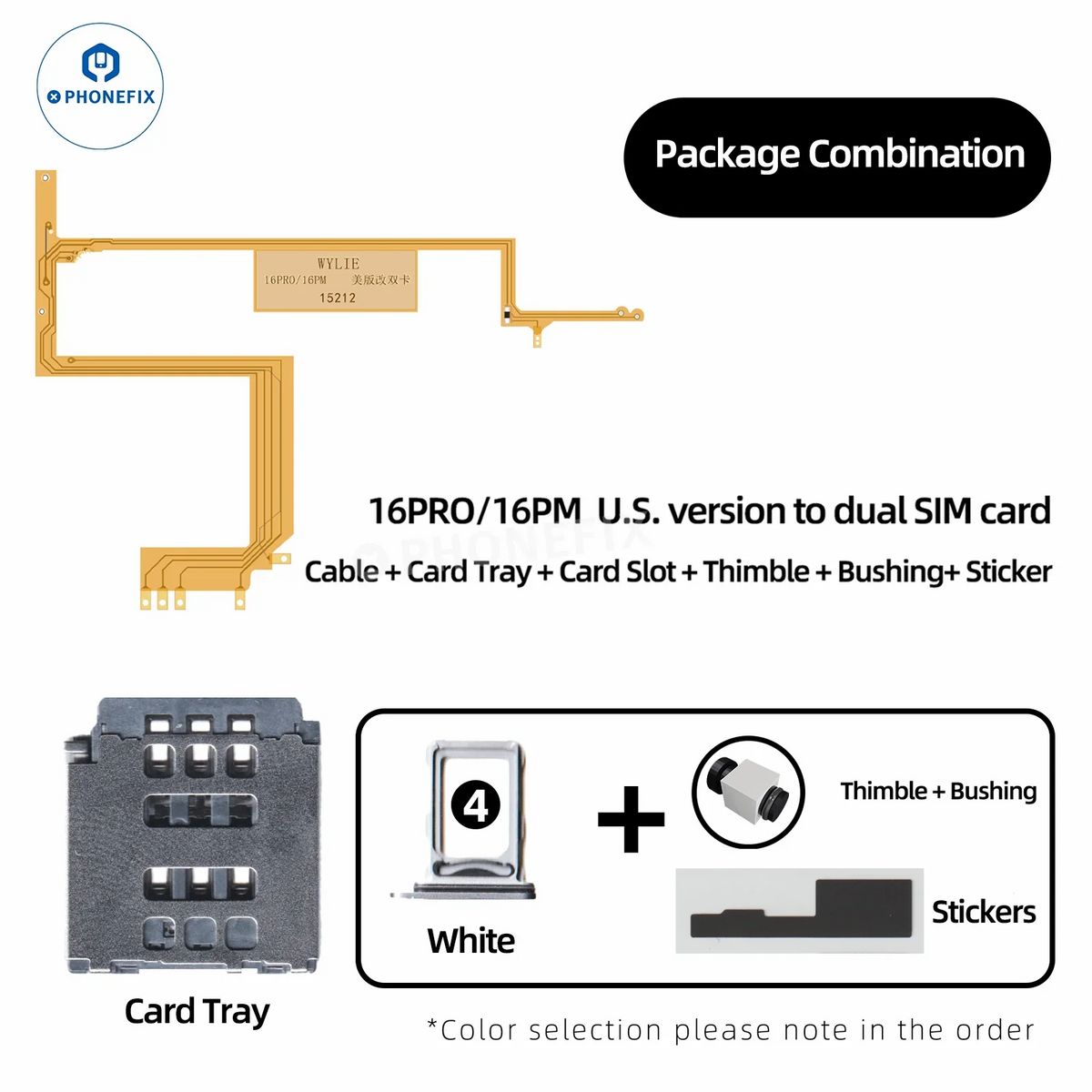 PHONEFIX WYLIE iPhone 16 Pro Max eSIM to Dual SIM kit with card tray, showing the accessory and tray components.