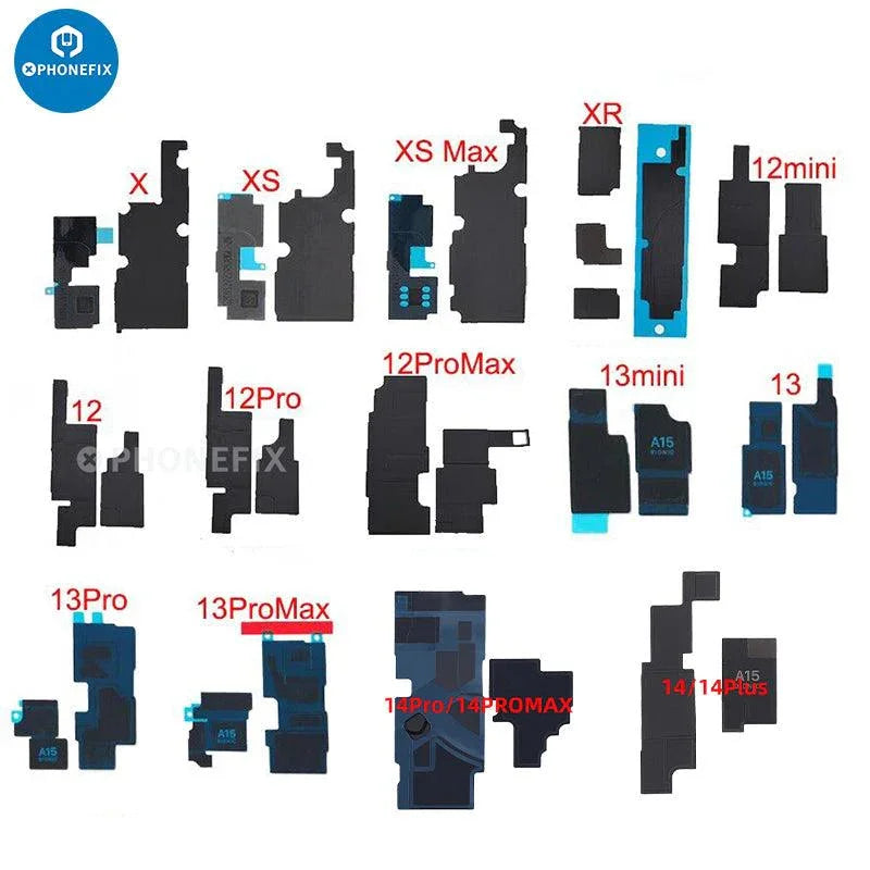 Autocollant dissipateur thermique noir pour carte mère iPhone X à 14 Pro Max, conçu par PHONEFIX, utilisé pour le refroidissement et la gestion thermique.