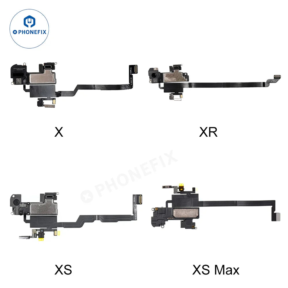 iPhone X/11/12 Pro Max earpiece speaker with proximity sensor cable by PHONEFIX, showing the small audio component and connector.