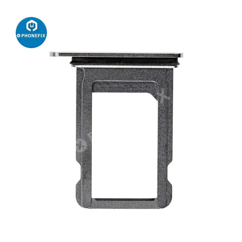 Dual SIM card tray holder for iPhone X-14 series, replacement accessory from PHONEFIX, shown in black with metal components.
