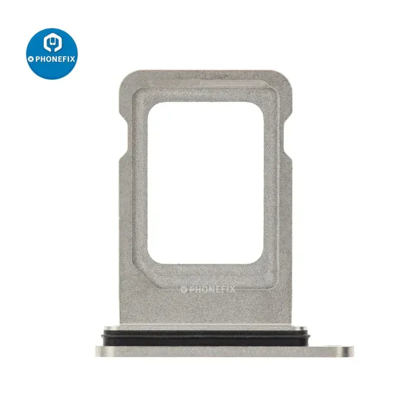 Dual SIM card tray holder for iPhone X-14 series, replacement accessory by PHONEFIX, showing the metal tray with SIM slot openings.