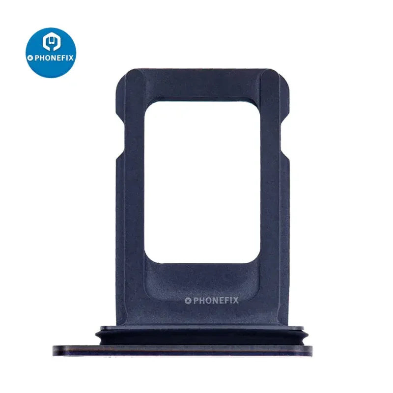 Dual SIM card tray holder for iPhone X to 14 series, replacement accessory by PHONEFIX, showing a silver tray with SIM slots.