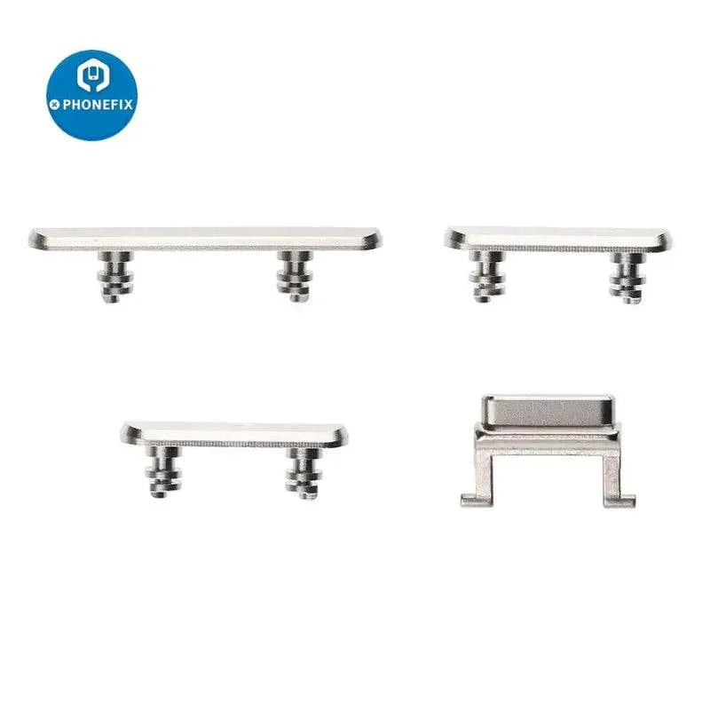 Silver side buttons set for iPhone, replacement repair parts from PHONEFIX, compatible with various iPhone models.