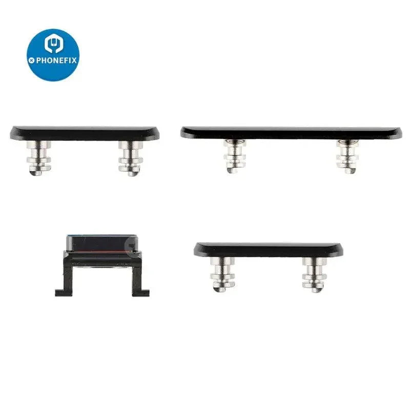PhoneFix iPhone side buttons set in silver, replacement accessory for iPhone repair, includes volume and mute buttons.
