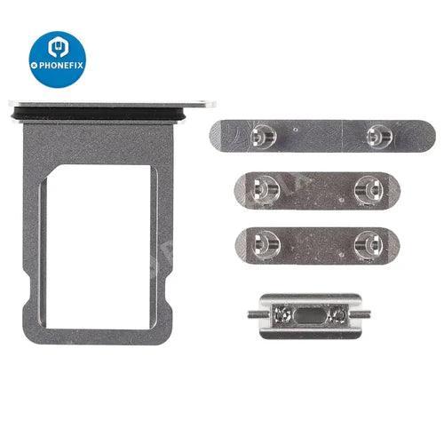 PhoneFix iPhone accessories silver side buttons set, replacement parts for iPhone repair, includes volume and power button components.