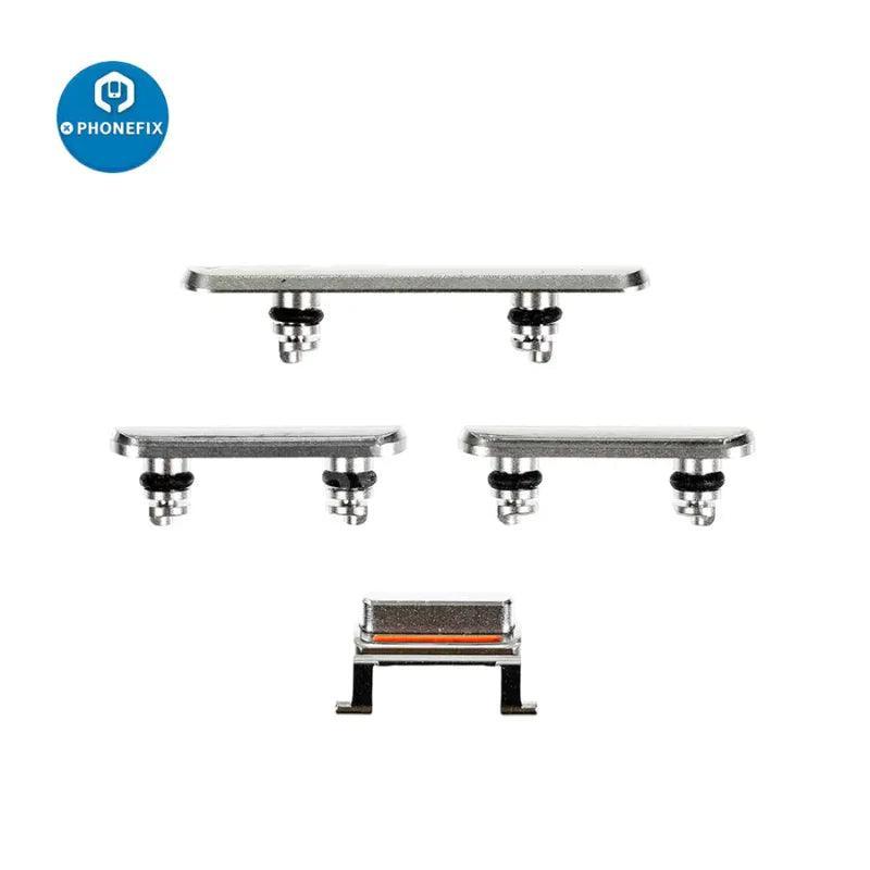 PhoneFIX silver side buttons set for iPhone repair, replacement parts for volume and power buttons.