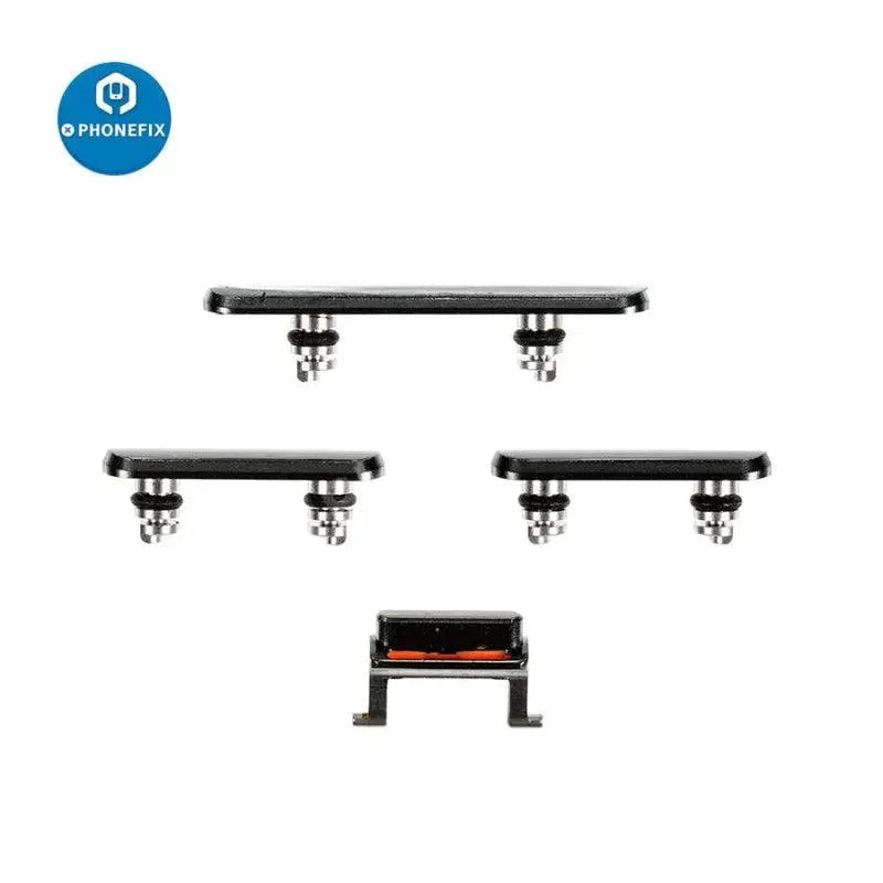 Silver iPhone side buttons set by PHONEFIX, replacement repair parts for iPhone accessories with functional button components.