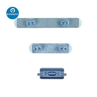 Silver iPhone side buttons set by PHONEFIX, replacement repair parts for iPhone accessories, with buttons for side volume and power.