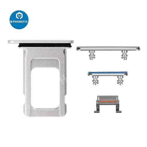 PHONEFIX iPhone side buttons set replacement parts, silver color, for iPhone repair and accessory customization.
