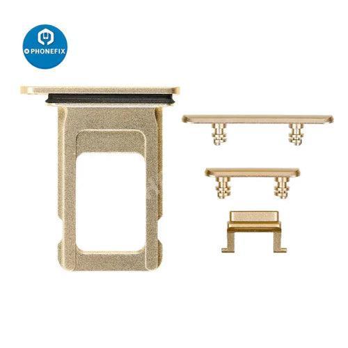 Silver iPhone side buttons set replacement parts by PHONEFIX, designed for iPhone repair and accessory customization.