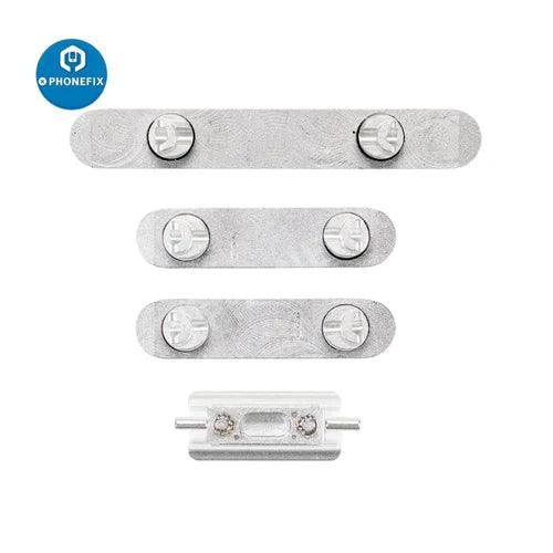 Silver iPhone side buttons set by PHONEFIX, replacement repair parts for iPhone accessories and device button replacement.