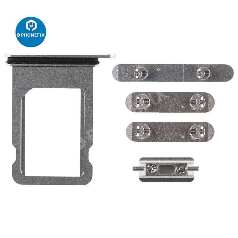 PhoneFIX silver side buttons set for iPhone repair, replacement parts for volume and power buttons, compatible with various iPhone models.