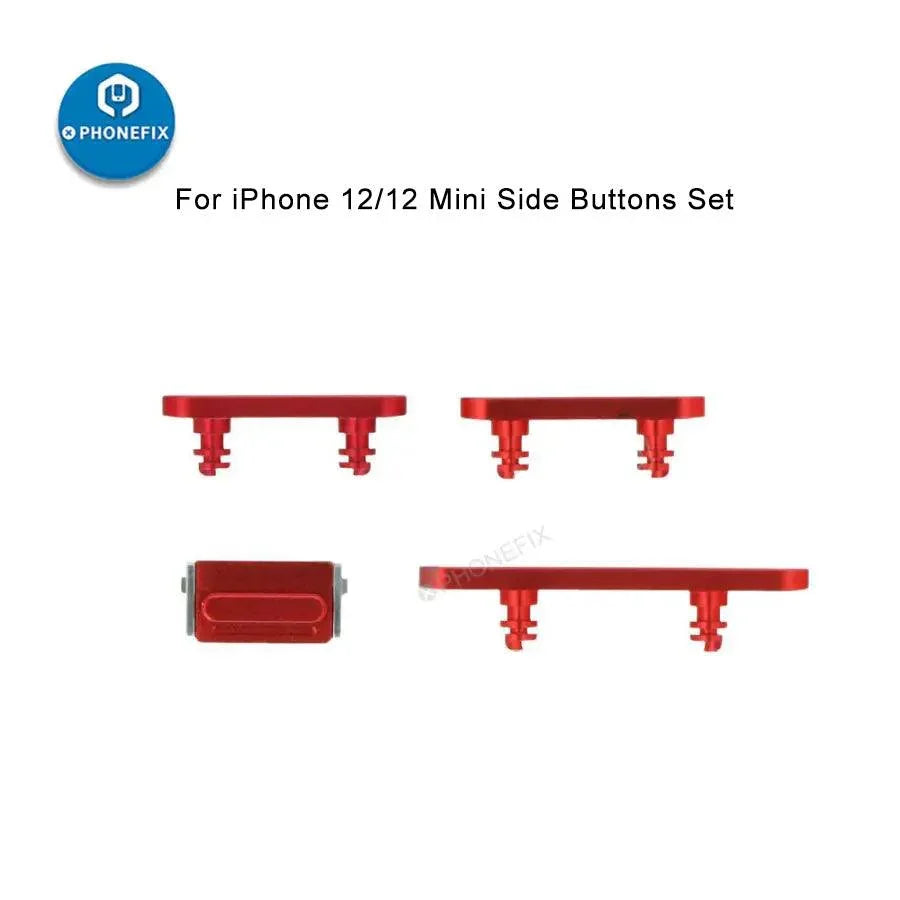 Silver iPhone side buttons set by PHONEFIX, replacement parts for iPhone repair, includes volume and power button components.