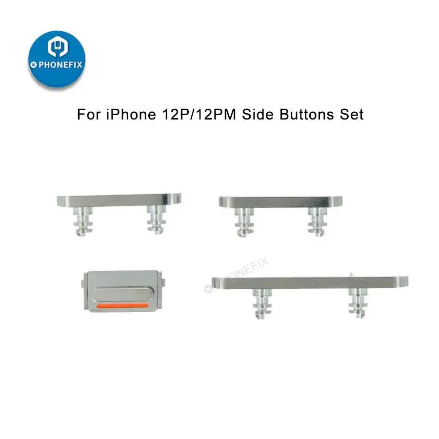 Silver side buttons set for iPhone, replacement parts for PHONEFIX iPhone accessories, designed for easy repair.