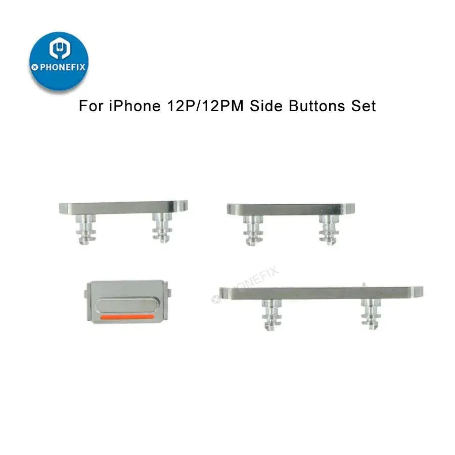 Silver iPhone side buttons set replacement parts for iPhone repair, compatible with PHONEFIX accessories, for easy device fixing.