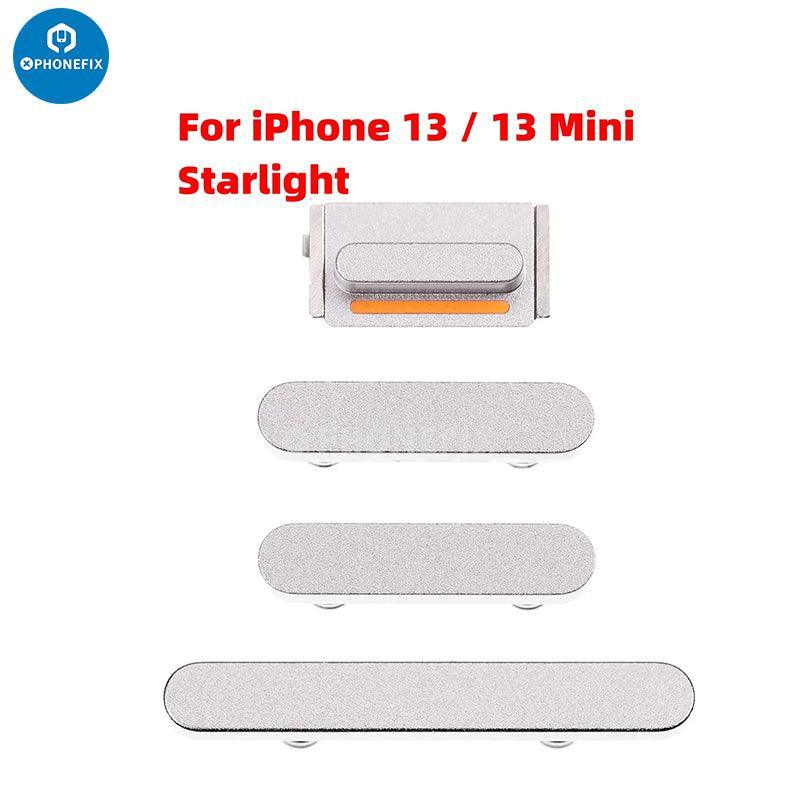 Silver iPhone side buttons set by PHONEFIX, replacement parts for iPhone repair, including volume and mute buttons.