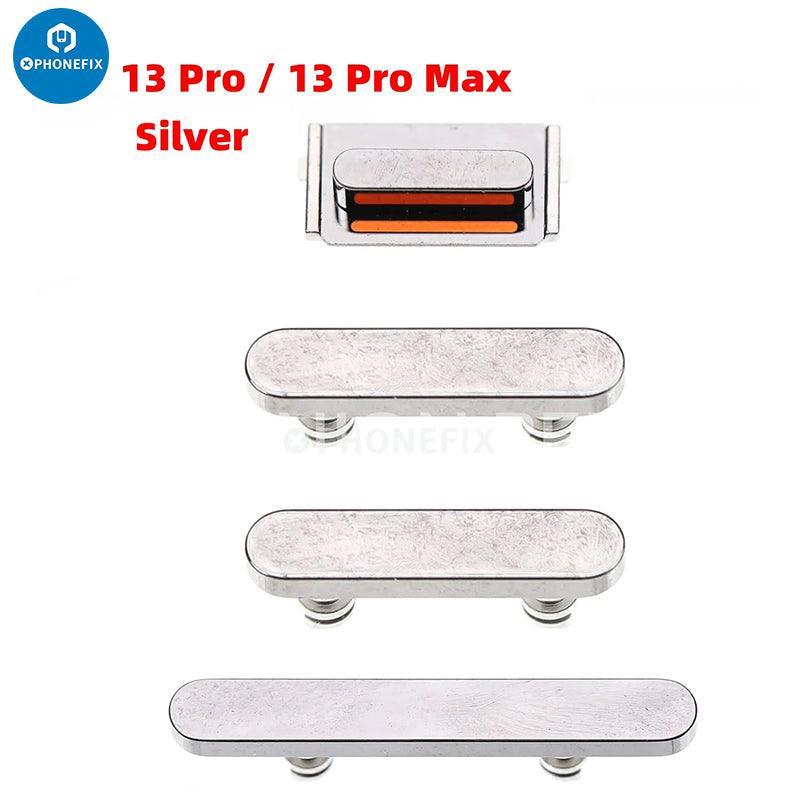 Silver iPhone side buttons set by PHONEFIX, replacement repair parts for iPhone accessories and repairs.