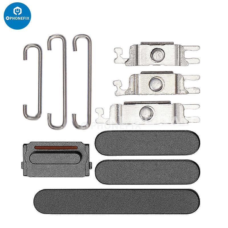 Silver side button set for iPhone, replacement parts for iPhone repair, by PHONEFIX, includes buttons for volume and power.