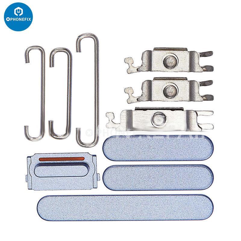 PhoneFIX iPhone side buttons set with silver replacement parts for iPhone repair, featuring volume and power buttons.