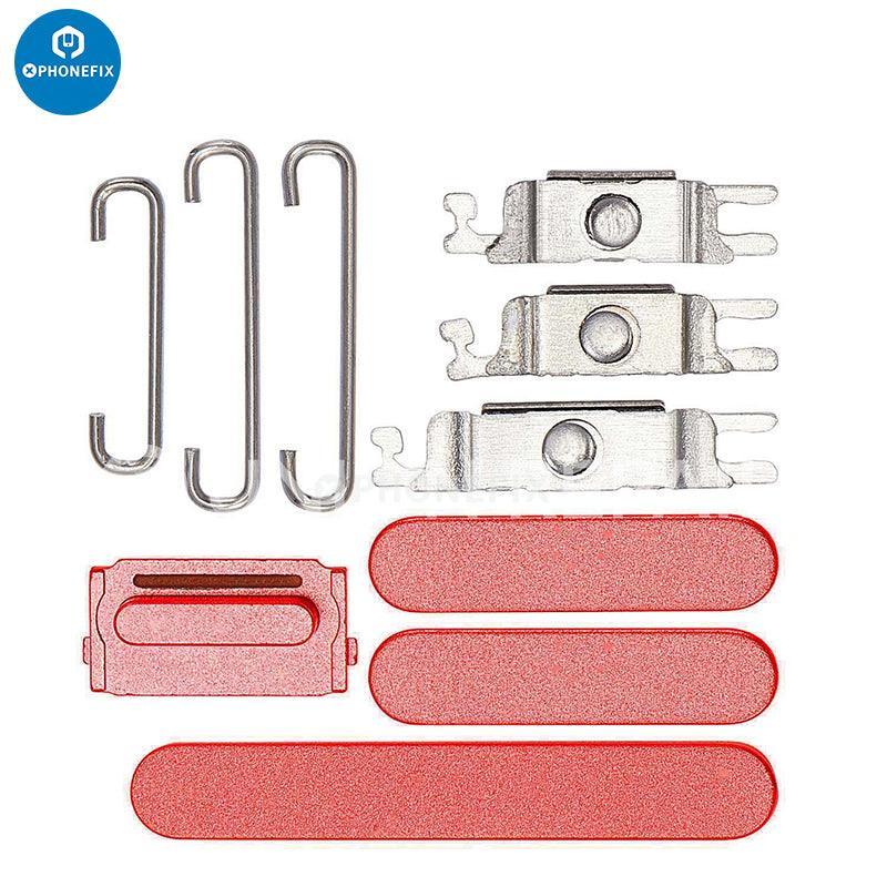 Silver side button set replacement parts for iPhone repair, compatible with iPhone devices, by PHONEFIX.