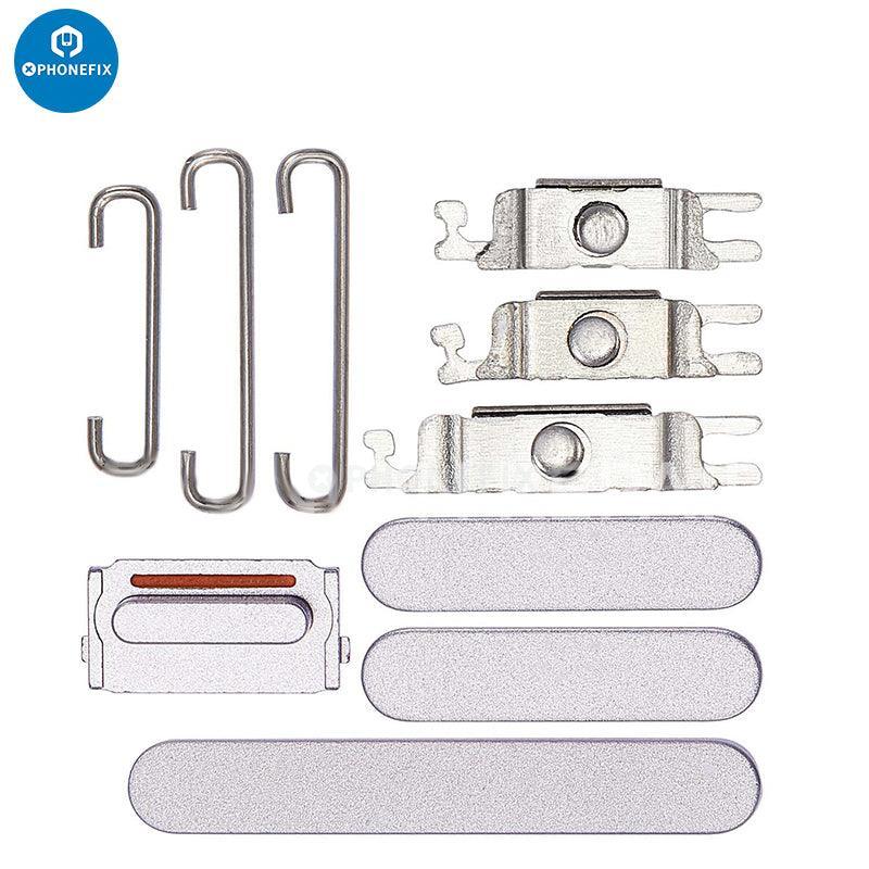 PHONEFIX iPhone side buttons set, replacement parts for iPhone repair, includes silver buttons for easy replacement.