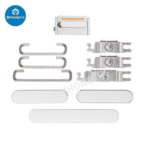 Silver iPhone side buttons set by PHONEFIX for replacement, includes volume and power button parts for iPhone repair.
