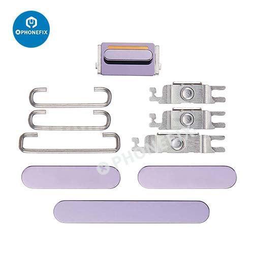 PHONEFIX iPhone replacement side buttons set, silver accessory parts for iPhone repair, includes volume and power button replacements.
