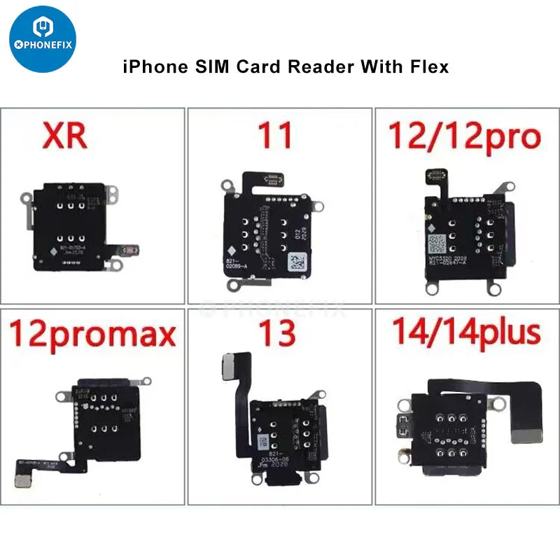 Dual SIM card reader with flex cable for iPhone XR-16 series, compatible PHONEFIX iPhone accessories, shown with flex cable attached.