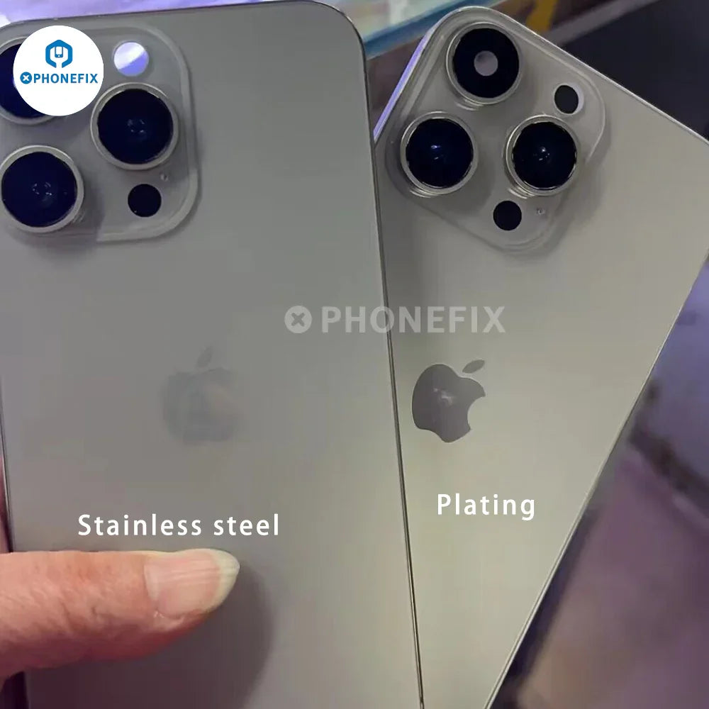 Purple stainless steel DIY iPhone XR back housing and battery cover for iPhone 14 Pro/15 Pro, compatible with PHONEFIX accessories.