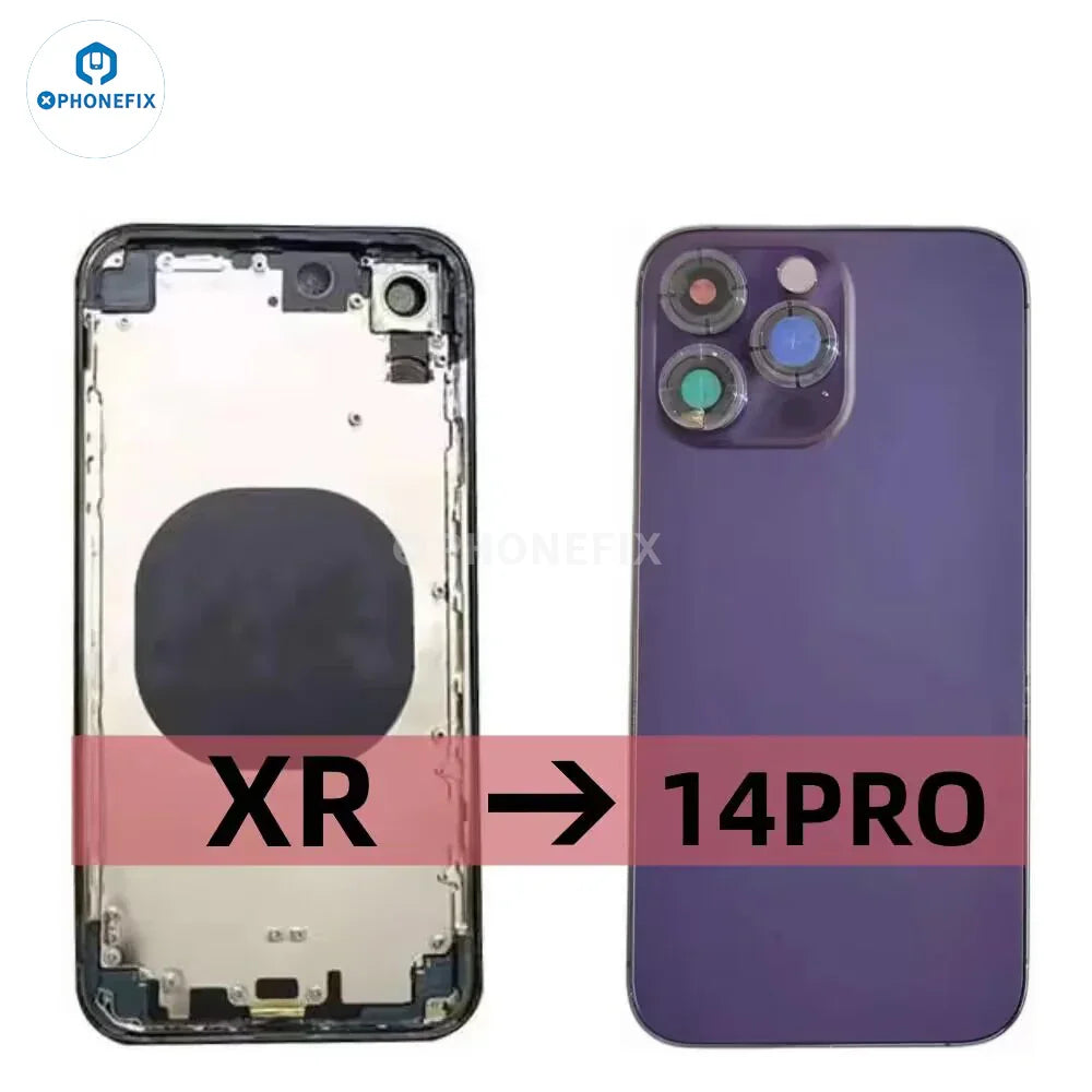 Purple stainless steel DIY iPhone XR back housing to iPhone 14 Pro/15 Pro battery cover for iPhone accessories by PHONEFIX.