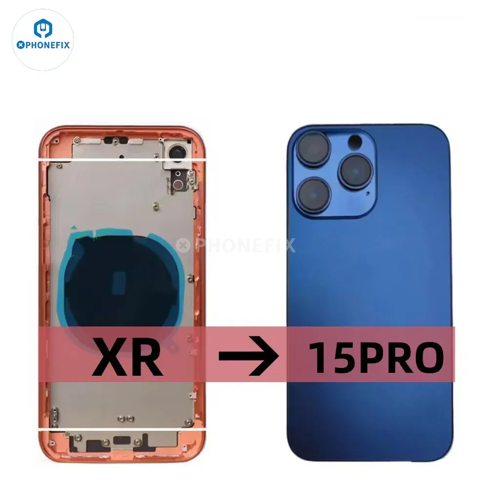 Purple stainless steel DIY iPhone XR back housing for iPhone 14 Pro and 15 Pro battery cover by PHONEFIX.