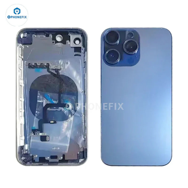 Purple stainless steel DIY iPhone XR back housing for iPhone 14 Pro/15 Pro battery cover, compatible with PHONEFIX accessories.