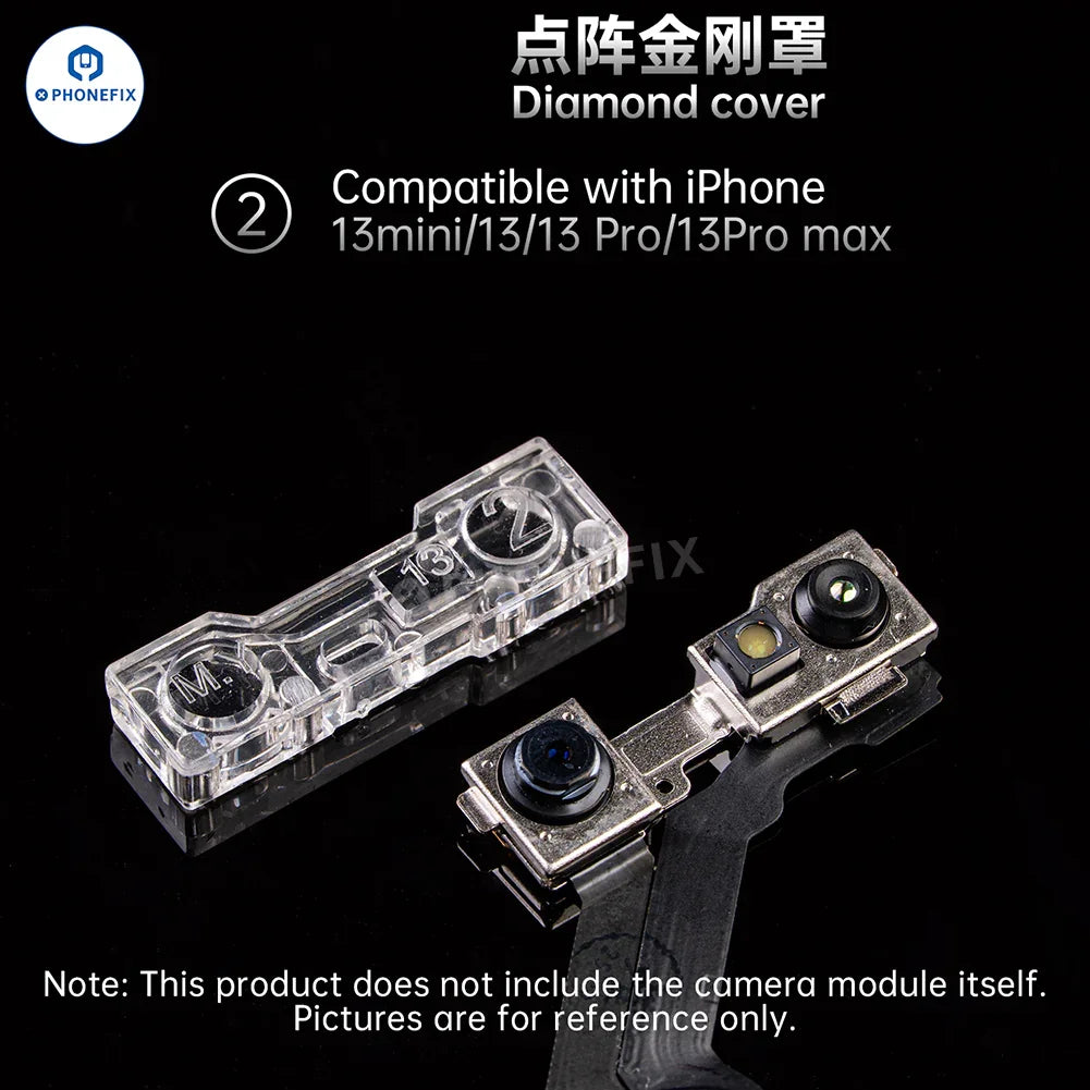 PHONEFIX YCS M.Y iPhone front camera lens protector with diamond cover and dot matrix design, safeguarding the camera lens.