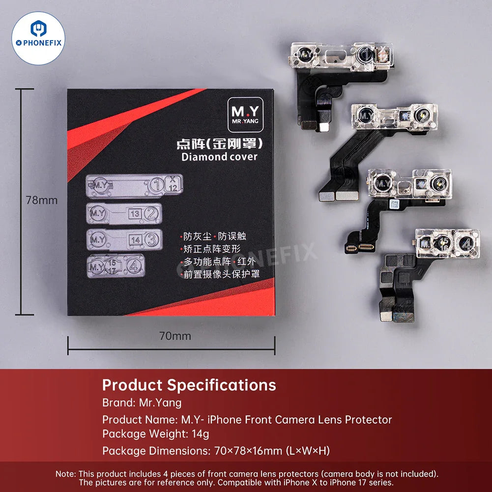 PhoneFix YCS M.Y iPhone front camera lens protector with diamond cover and dot matrix design, ensuring camera protection.