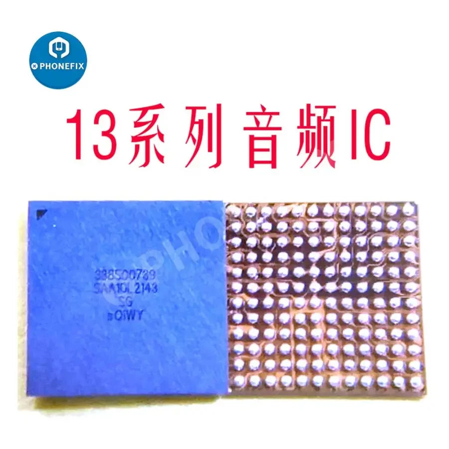 PhoneFix iPhone 13 series wireless charging IC and audio codec IC for repair, mounted on circuit board.