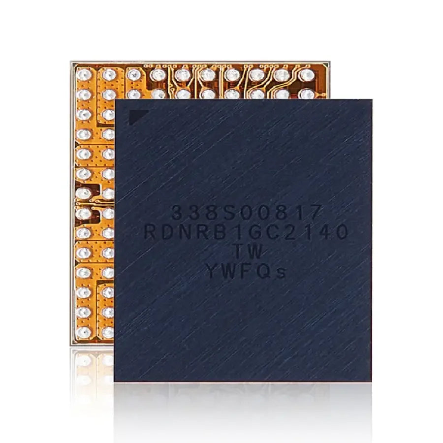 PhoneFix iPhone 13 series audio codec IC and wireless charging IC for repair, showing close-up of the small electronic components.