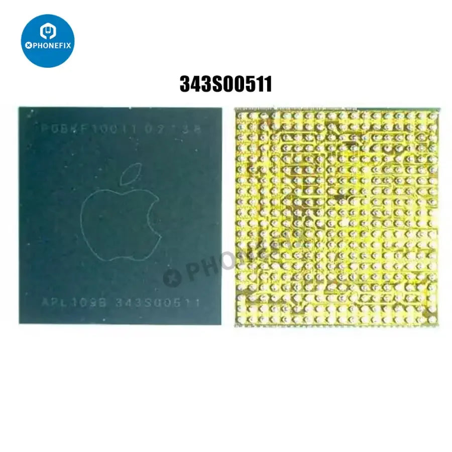 PhoneFix iPhone 13 series audio codec IC and wireless charging IC for repair, showing close-up of small electronic components.