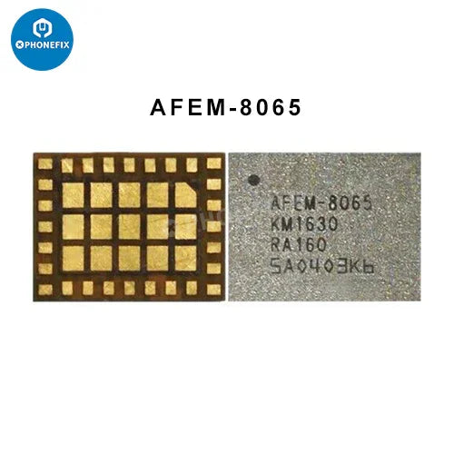 iPhone Power Amplifier IC Chip replacement by PHONEFIX, showing the small replacement IC component for signal supply on a circuit board