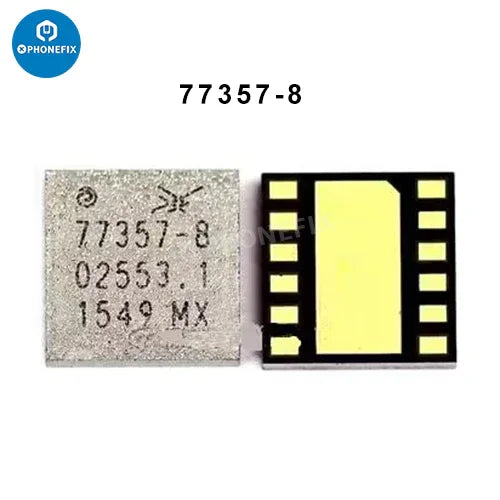 iPhone Power Amplifier IC by PHONEFIX, replacement signal supply PA chip for iPhone devices, shown on a clean workspace.