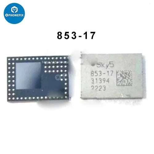 iPhone Power Amplifier IC signal supply PA chip replacement from PHONEFIX, showing the small replacement chip for iPhone repair.