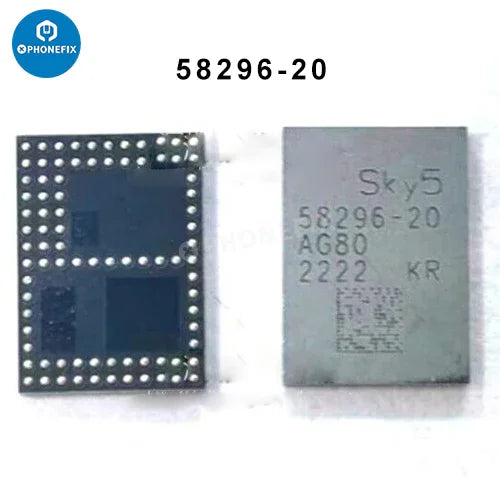 iPhone Power Amplifier IC replacement chip by PHONEFIX for iPhone signal supply and amplification, shown on circuit board.