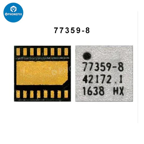 iPhone Power Amplifier IC from PHONEFIX, replacement signal supply PA chip for iPhone devices, shown on circuit board.