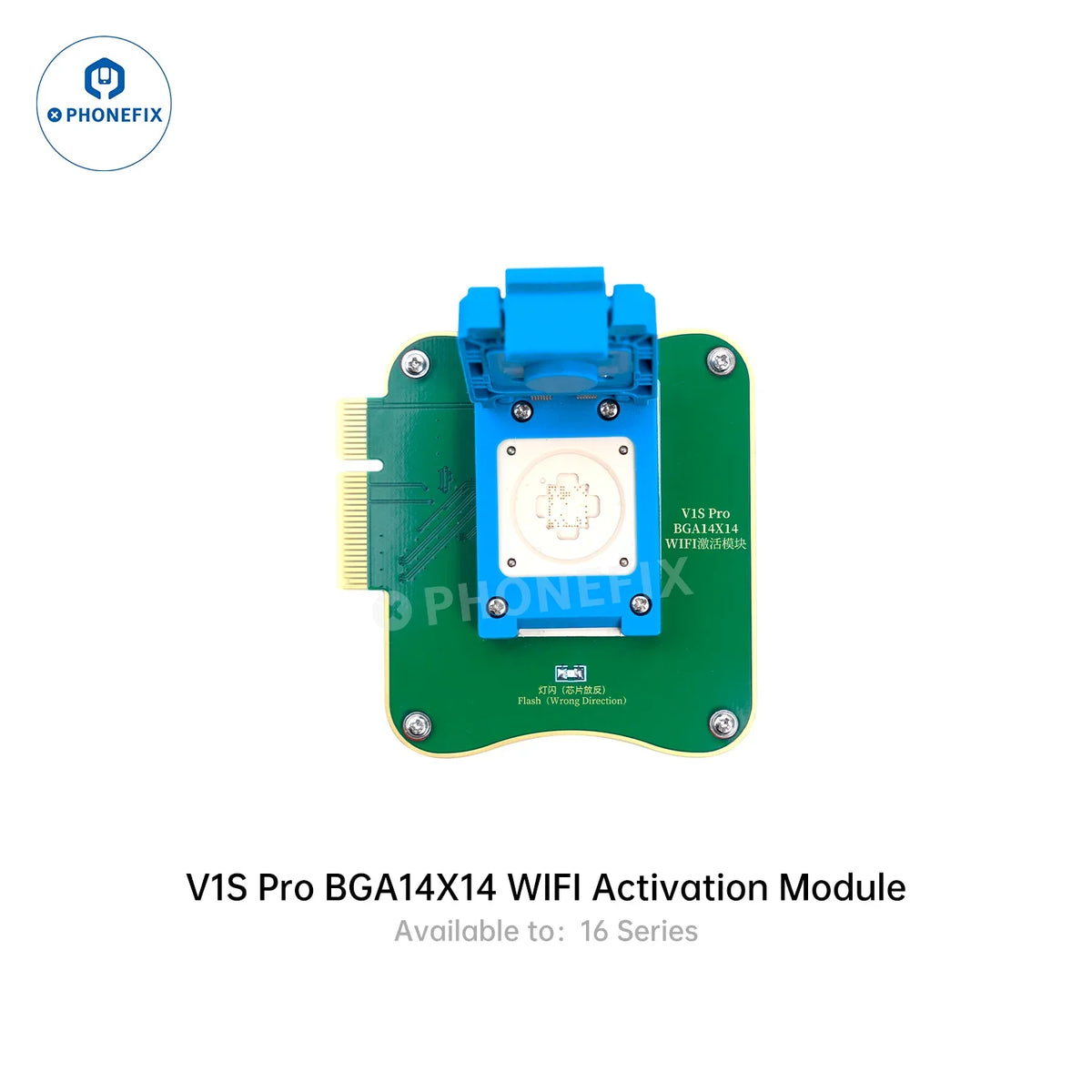 PHONEFIX iPhone IC WIFI chip unbind activation module for iPhone 12-16 Pro Max, shown on V1S Pro BGA14x14 WIFI image.
