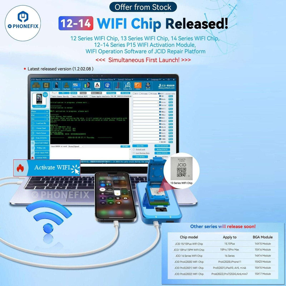 PhoneFix JCID WiFi chip unbind activation module for iPhone 12-16 Pro Max, showing the iPhone IC component with circuit details.