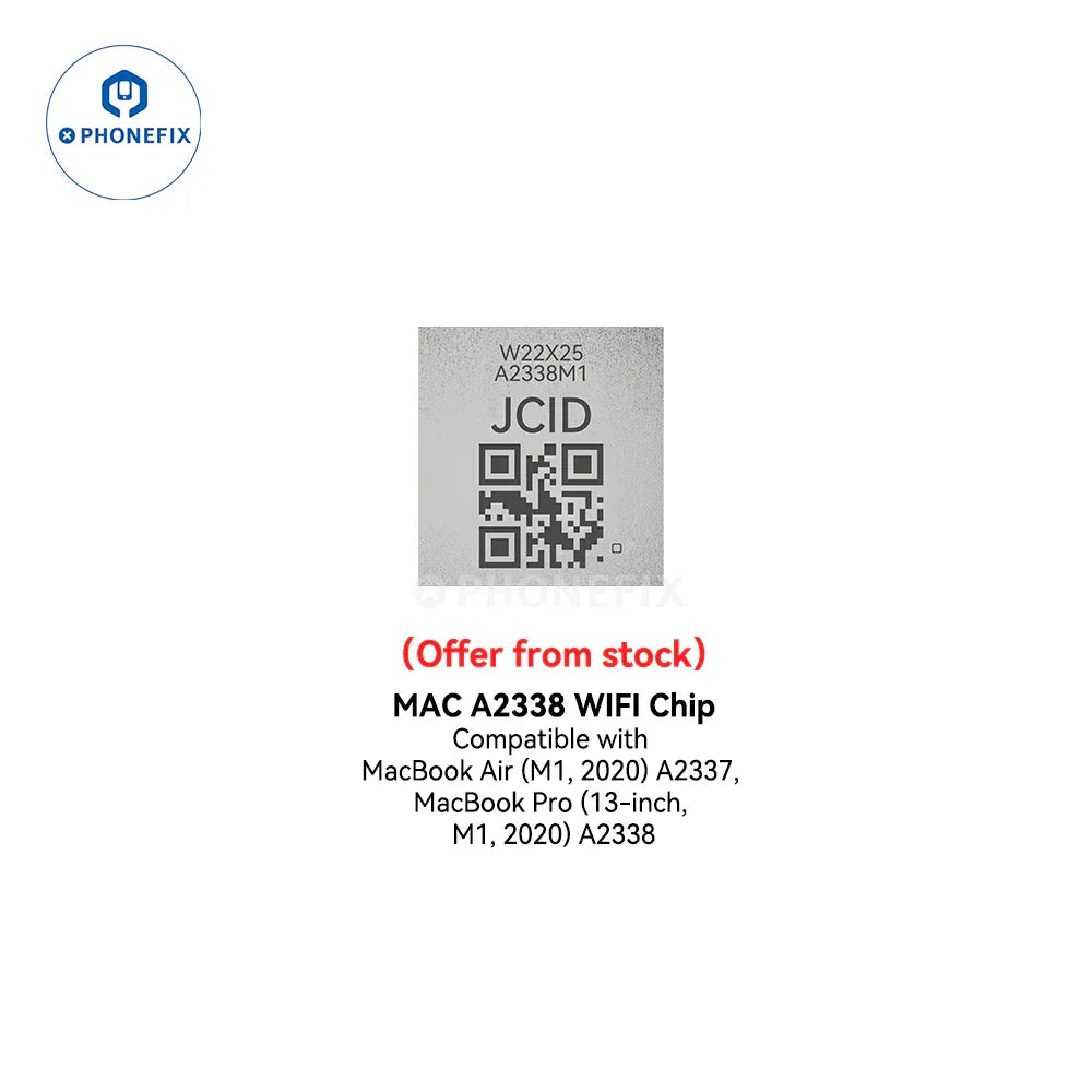 PHONEFIX JCID WIFI chip unbind activation module for iPhone 12-16 Pro Max, shown as a small iPhone IC component on a circuit board.