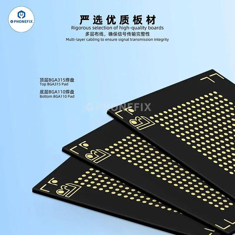 PHONEFIX BGA315 to BGA110 NAND chip conversion board for iPhone, iPad, MacBook, used for repairing and upgrading device ICs.